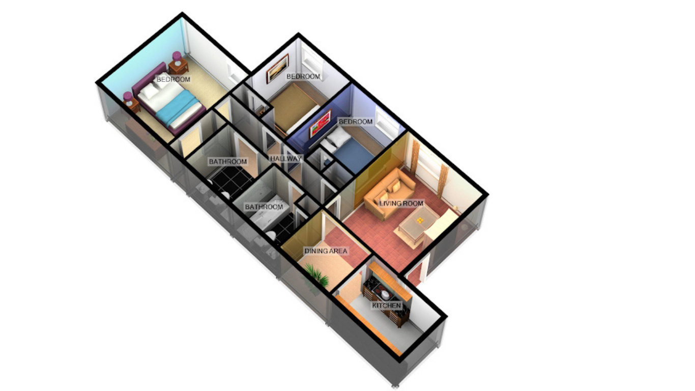 a 3d image of a room with a bed, desk and a couch at The Meadows on Merrill